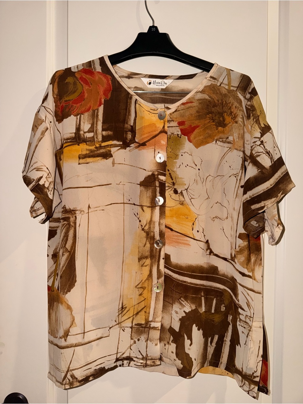 Abstract Floral Button-Front Blouse in Cream, Brown & Mustard
